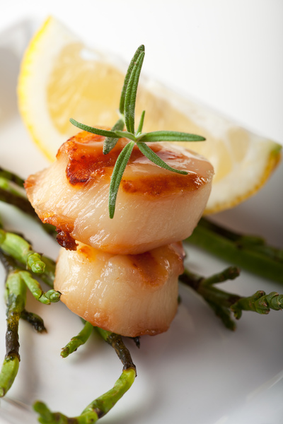closeup of two grilled scallops