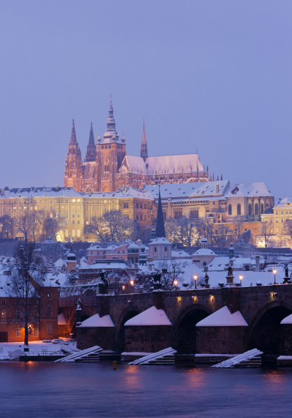 hradcany with charles bridge in winter