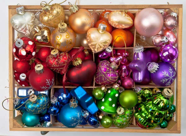 box with colourful christmas tree baubles