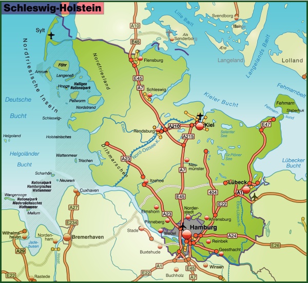 Map of Schleswig-Holstein with transport network - Stock Photo ...