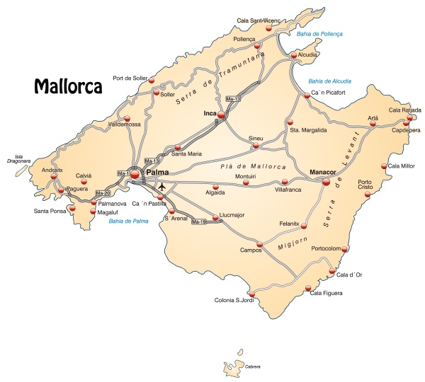 map of mallorca with transport network in pastel orange - Stock image ...