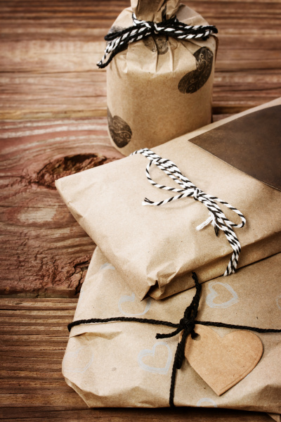 presents wraped in a rustic earthy