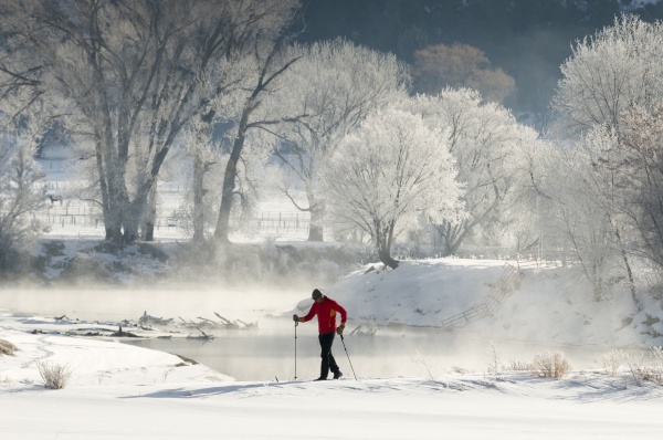 a man cross country skiing near