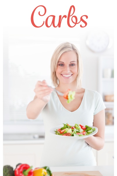 carbs against blonde woman offering salad