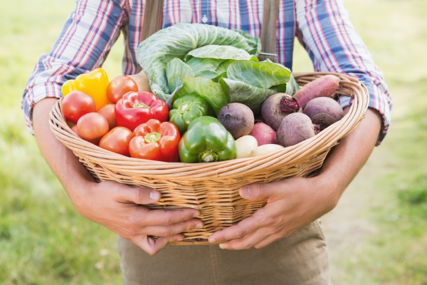 farmer carrying basket of veg