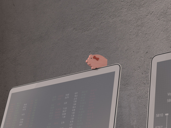 wooden pig toy on laptop with
