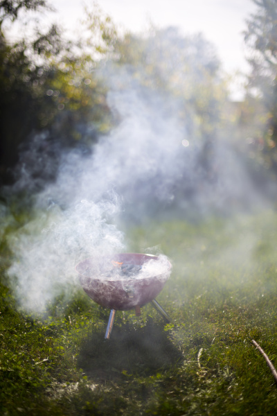 smoking barbecue grill in garden