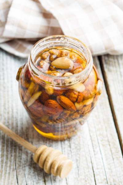 honey and nuts in jar