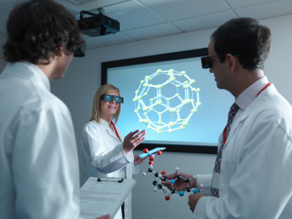 scientists and apprentice in 3d glasses