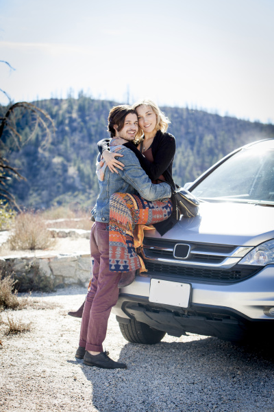 Young Couple Car Bonnet Kissing Chilao Campgrounds Los Angeles
