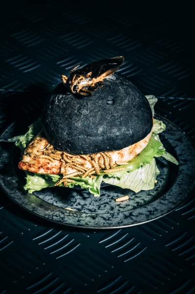 halloween chicken burger with mealworms and