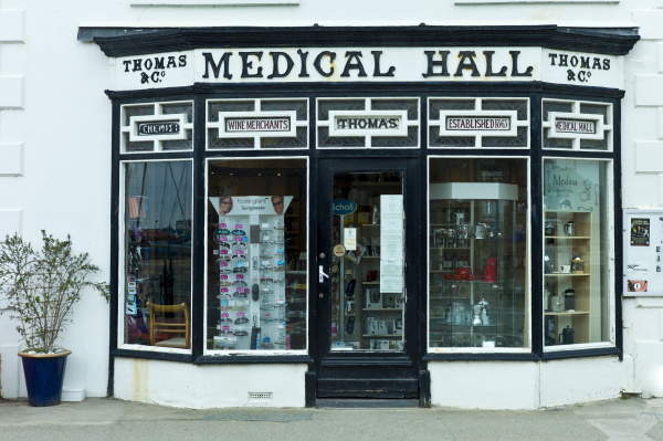 traditional shop front of pharmacy medical