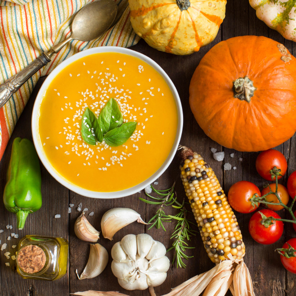 fresh pumpkin soup and vegetables