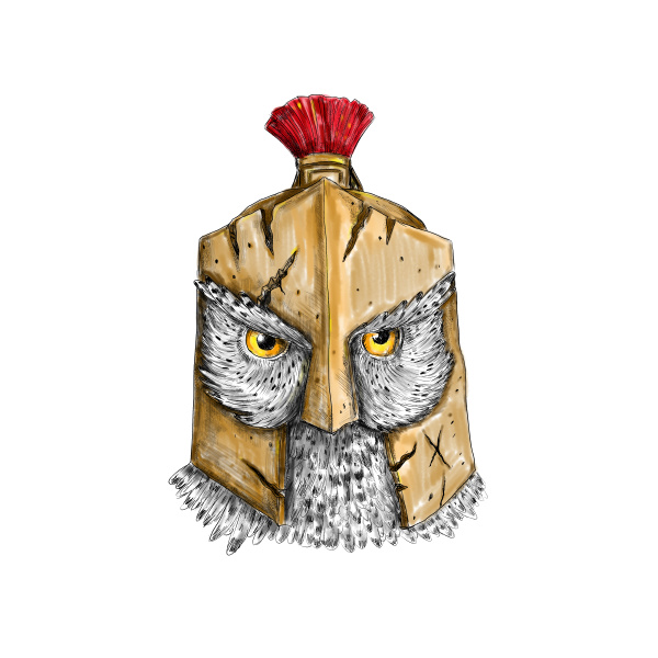 owl wearing spartan helmet tattoo