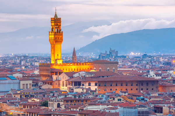 palazzo vecchio at sunset in florence