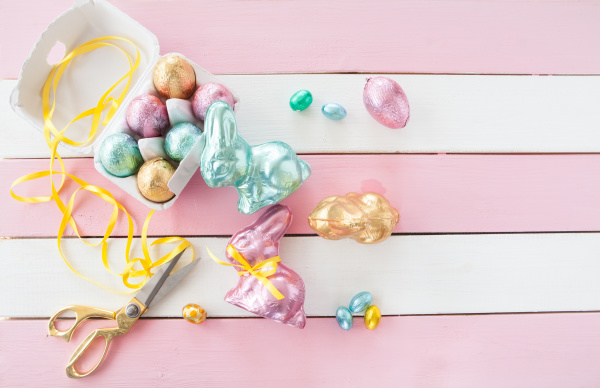 colorful easter bunnies and eggs