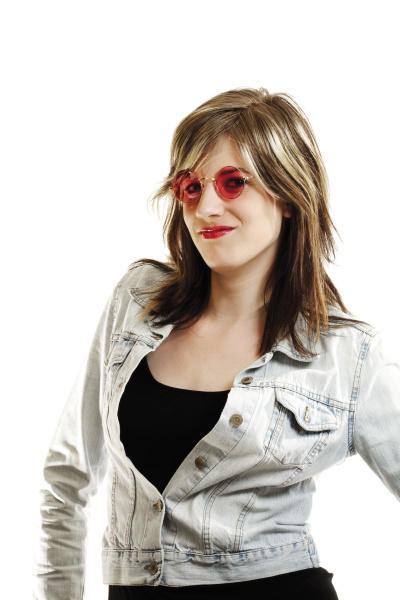 young woman with pink sunglasses