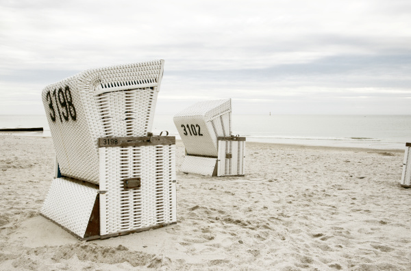white blue beach chairs on the