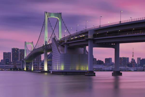rainbow bridge and tokyo tower against