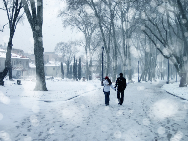 couple walking in winter time