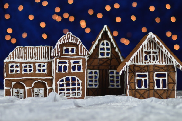 home made gingerbread village with bokeh