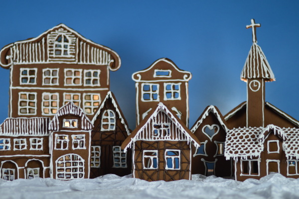 home made gingerbread village with cyan