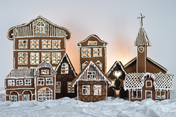 home made gingerbread village with white