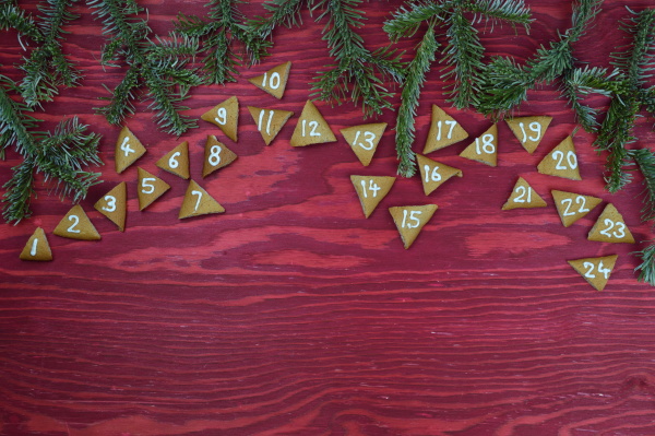 24 advent cookies on red wood