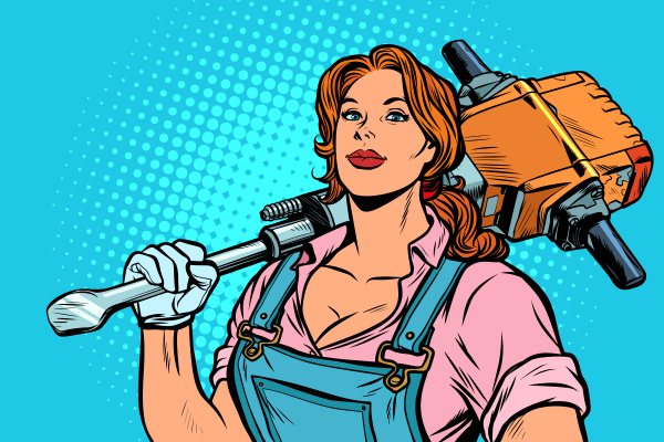 woman road worker builder with jackhammer