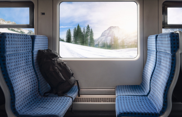 train seats and winter scene on