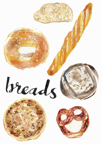 watercolour painting of different breads