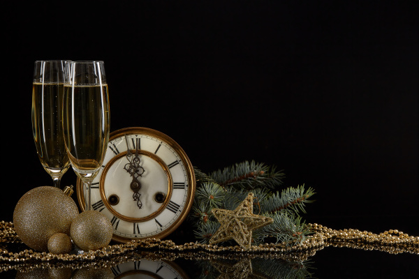 champagne clock and christmas ornaments
