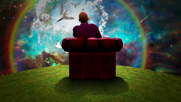 surreal composition man sits in