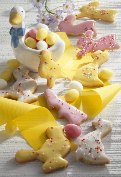 colourful easter biscuits with yellow ribbon