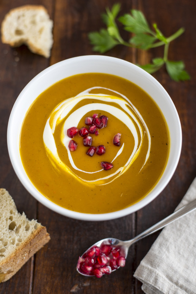 cream of pumpkin soup with pomegranate