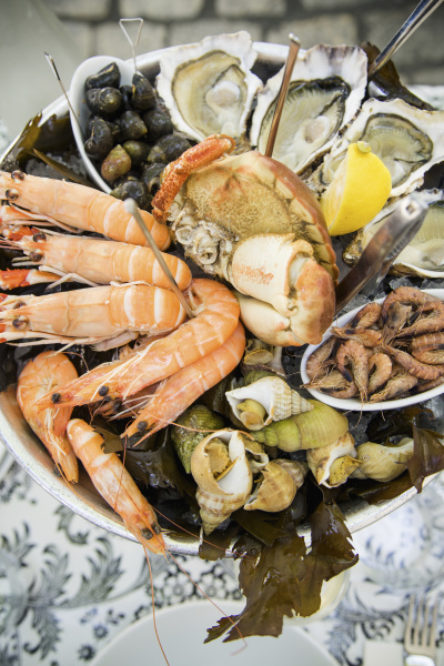 plate with fresh assorted seafood in