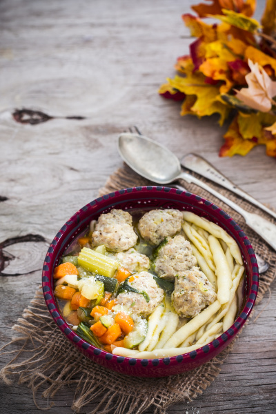 soup with chicken meatballs and pasta