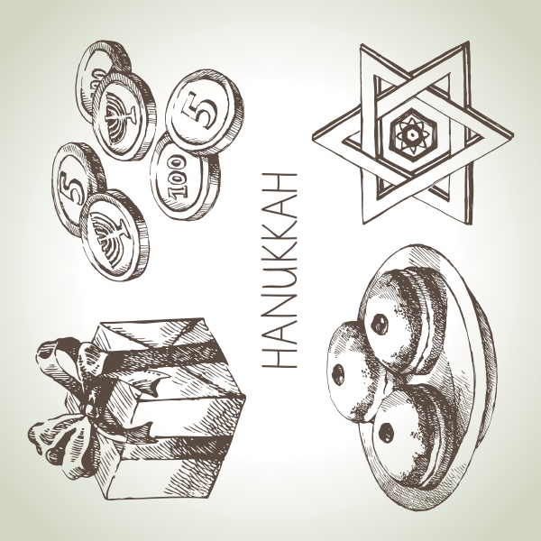 hand drawn sketch hanukkah elements set
