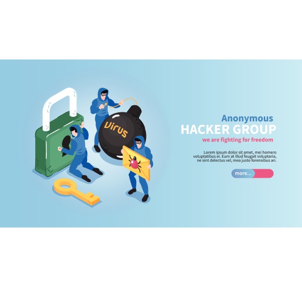 isometric hacker horizontal banner with editable