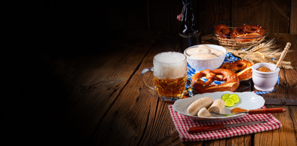 weisswurst pretzels and beer for oktoberfest
