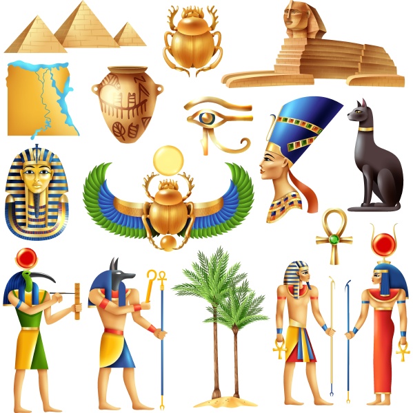 egypt symbols set in cartoon style