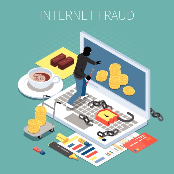 internet fraud isometric composition hacker with