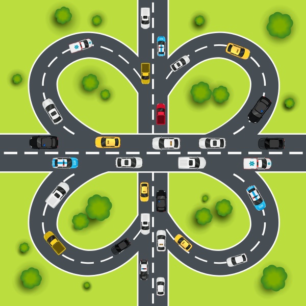 highway traffic cloverleaf intersection top view