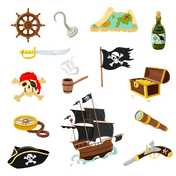 pirate accessories flat icons collection with