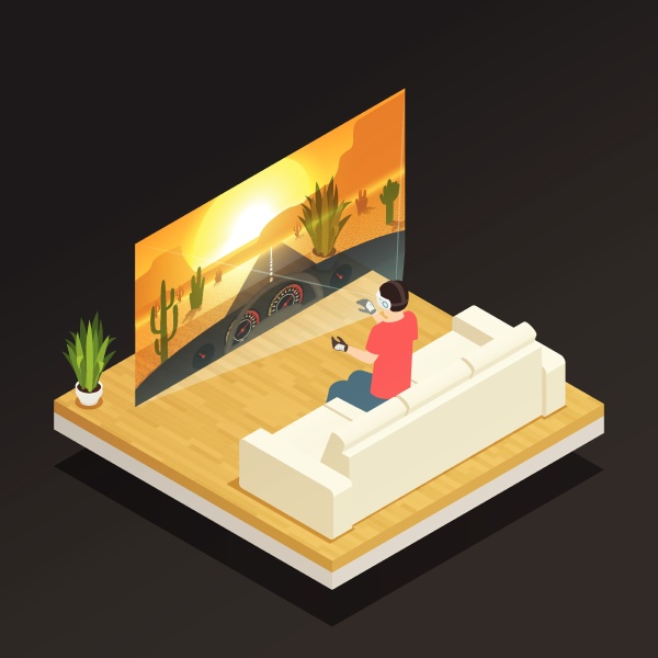 isometric composition with man wearing augmented