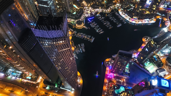 aerial view of illuminated skyscrapers at