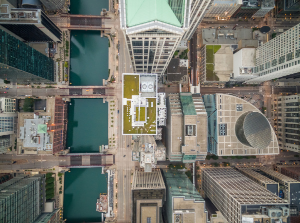 aerial view above of chicago cityscape