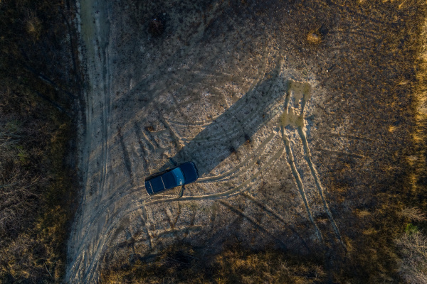 aerial view of a car parked