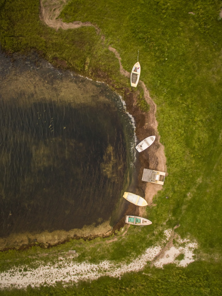 aerial view of small wooden boat