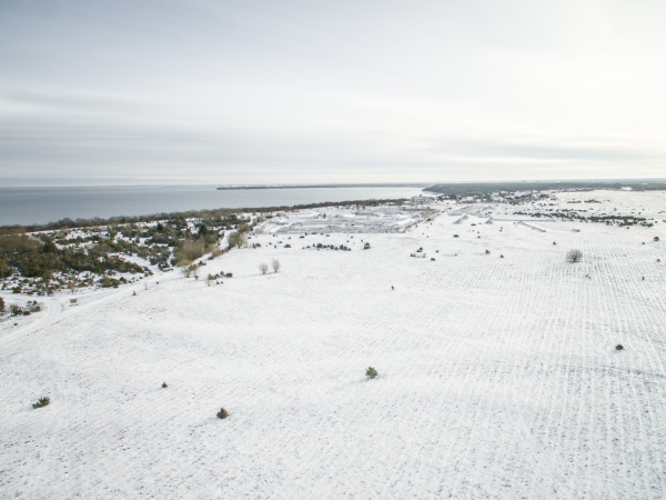 aerial view of snowy countryside and
